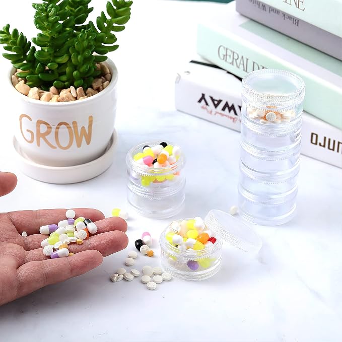 Sieral 2 Pack 7 Day Stackable Pill Organizers Round Pill Organizer Case Stackable Weekly Supplements Vitamins Individual Storage Container Boxes Holder Dispenser with Lids for Travel Medicine, Clear