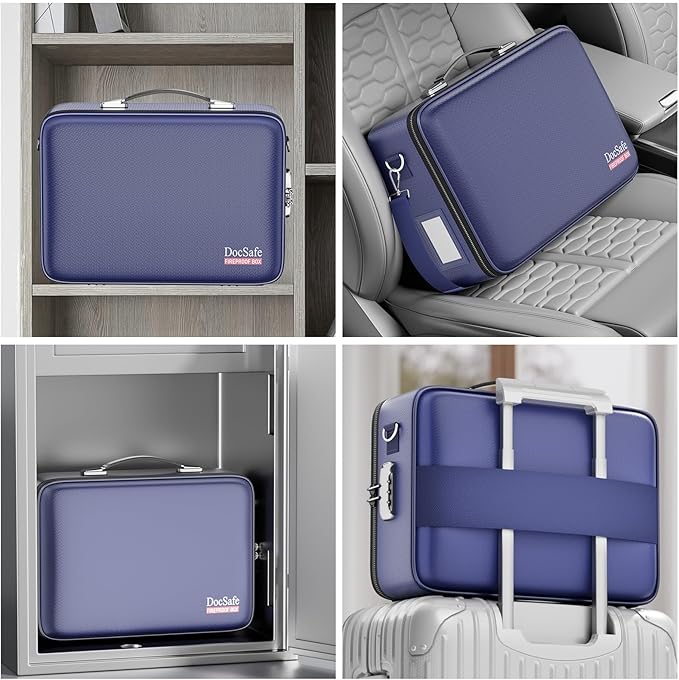 DocSafe Fireproof Document Box Hard Case with Lock ＆ Accordion File Folder | Fire and Water Resistant Safe Box,File Organizer,Multi-Pocket,Home Office Travel Storage for Important Document,Laptop,Blue
