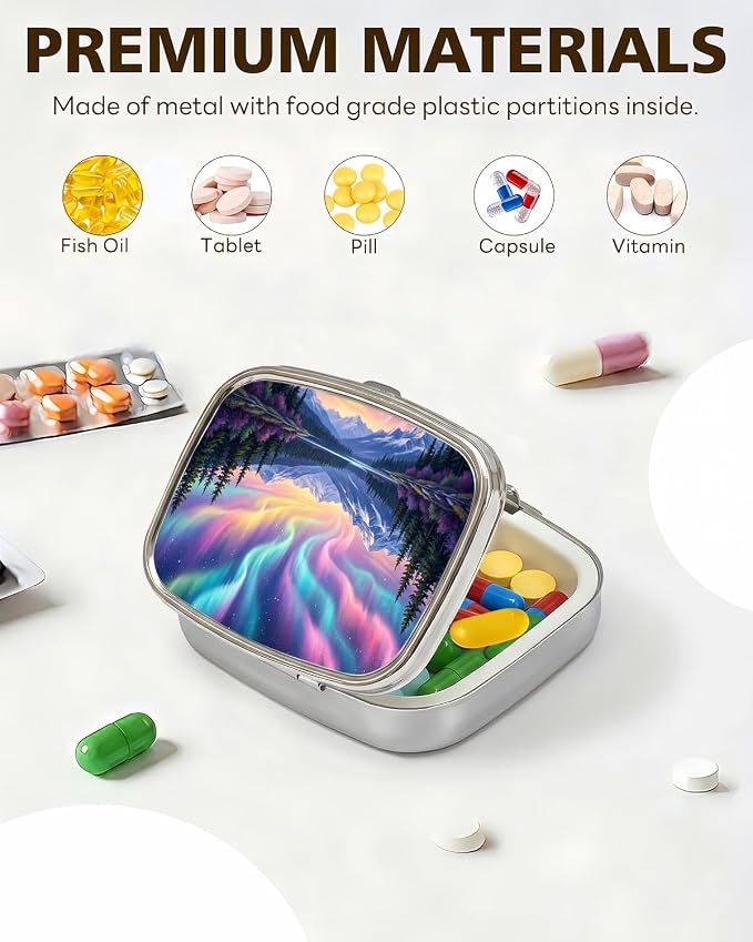 LRITER Pill Case, 2 Compartment Portable Small Travel Pill Organizer for Purse and Pocket, Stylish Medicine Case with Multiple Patterns, Daily Pillbox for Home & Travel (Aurora)