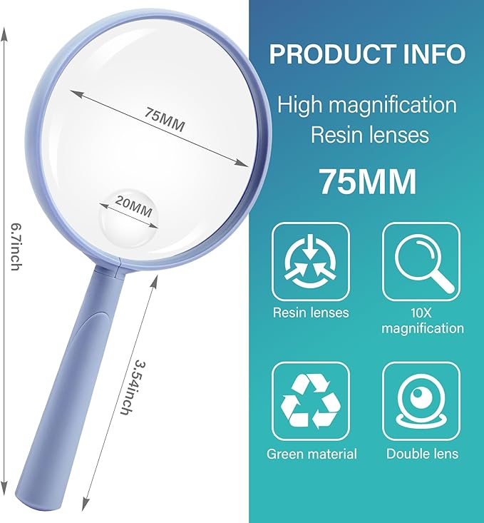 Feosky Handheld Reading Magnifier, 10X Magnifier, 75mm Shatterproof Lens, Adults Close Work Non-Slip Handle for Seniors Reading and Nature Exploration(Light Blue)