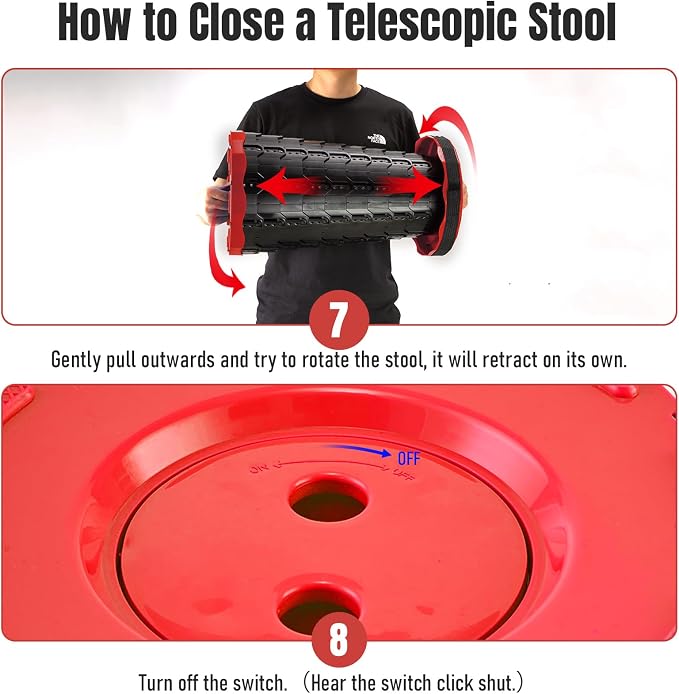 Doseno Portable Stool for Adults, Collapsible Stool, Portable Seat, Red | Upgraded foldable stool, thick PP; portable folding stool with telescoping and retractable design for fishing, hiking and BBQ