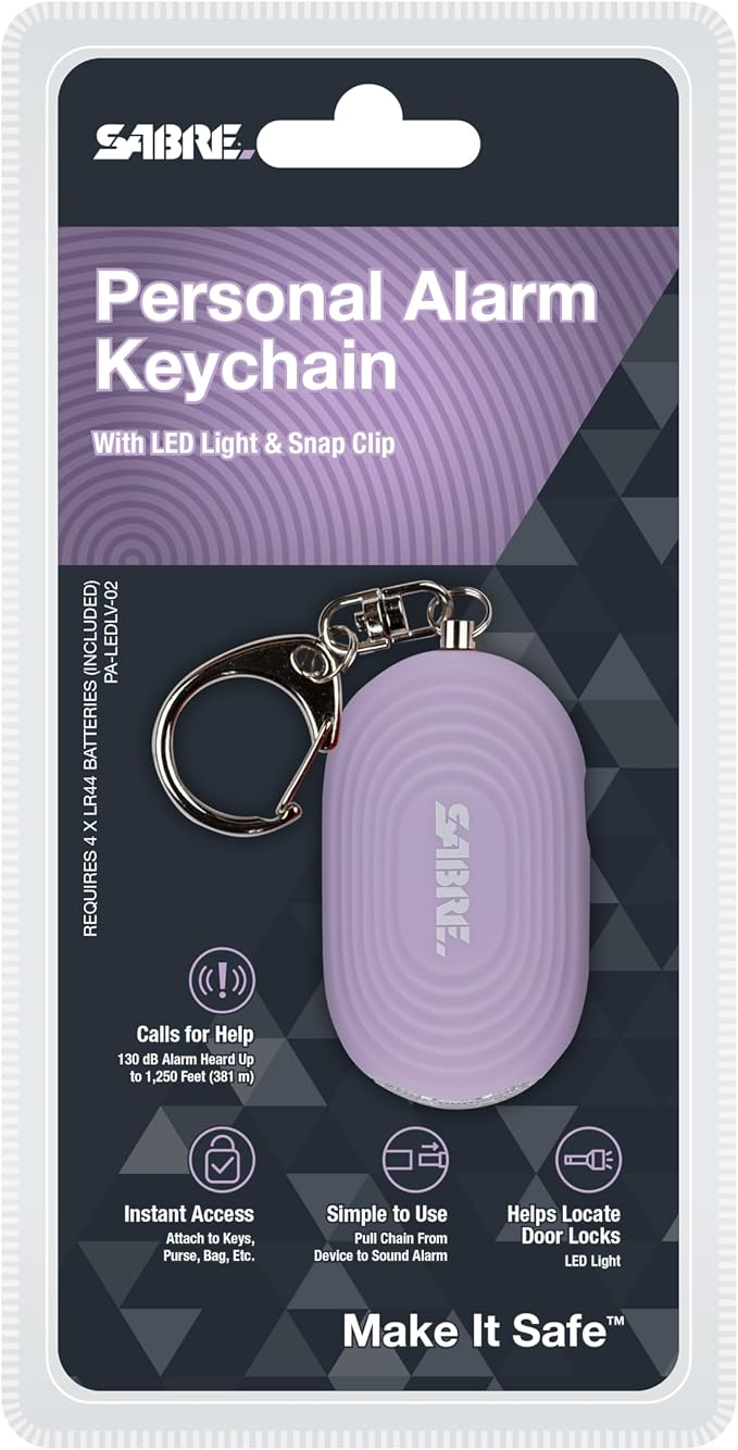 SABRE 2-in-1 Personal Alarm with LED Light, 130dB Personal Safety Siren, Snap Hook for Instant Access, 1,250 Foot (381 Meters) Range, Compact Design for Easy Attachment to Purse, Bag, or Keys