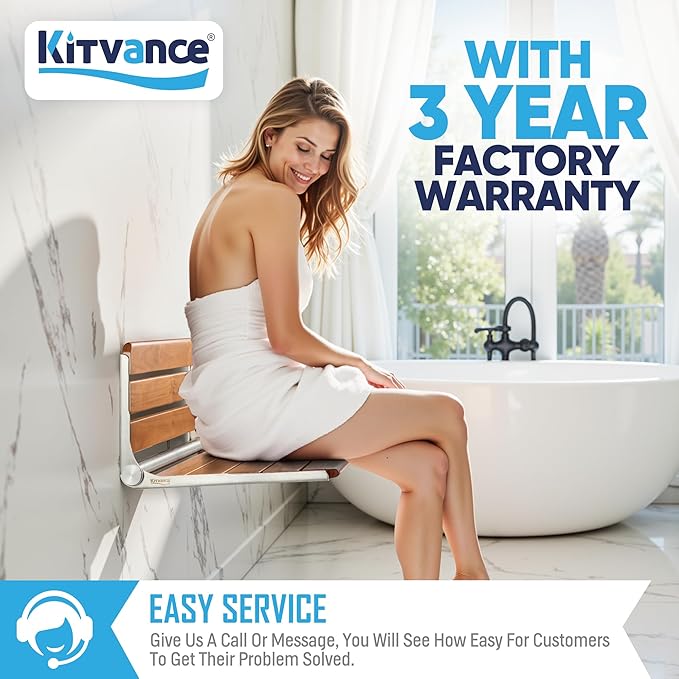 [Upgraded Version] 20" Folding Teak Shower Seat Wall Mounted- Shower Bench for Inside Shower, ADA Compliant Teak Shower Seat Wall Mounted Bench Bathroom Stool, Folding Bathtub Shower Seat for Elderly