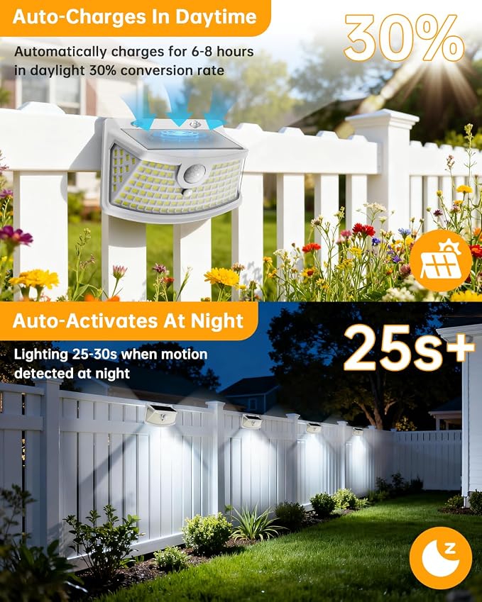 Aootek Solar Motion Sensor Lights Outdoor 120 LEDs, White, 2 Pack | Lights Reflector, 270° Wide Angle, IP65 Waterproof, Step Lights For Front Door, Yard, Garage, Deck
