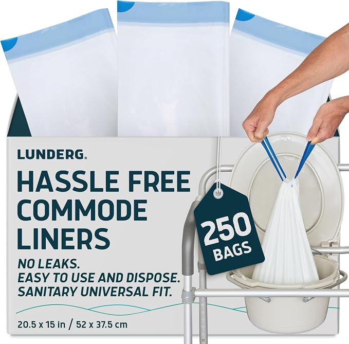 Lunderg Commode Liners - Value Pack 250 Count Universal Fit | Medical Grade Bedside Liners Disposable for Adult Commode Chair, Portable or Camping Toilet Bags