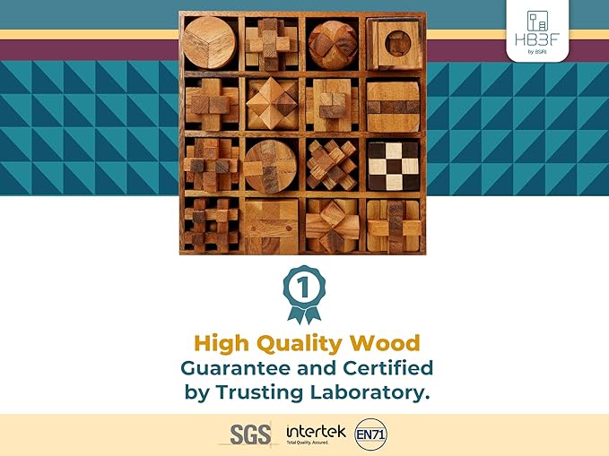 BSIRI 16 in 1 Wooden Brain Teaser Puzzles for Adults and Seniors Interlocking 3D Mini Wood Mind Games Hand Puzzle Teasers Set Toys Coffee Table Games Gift