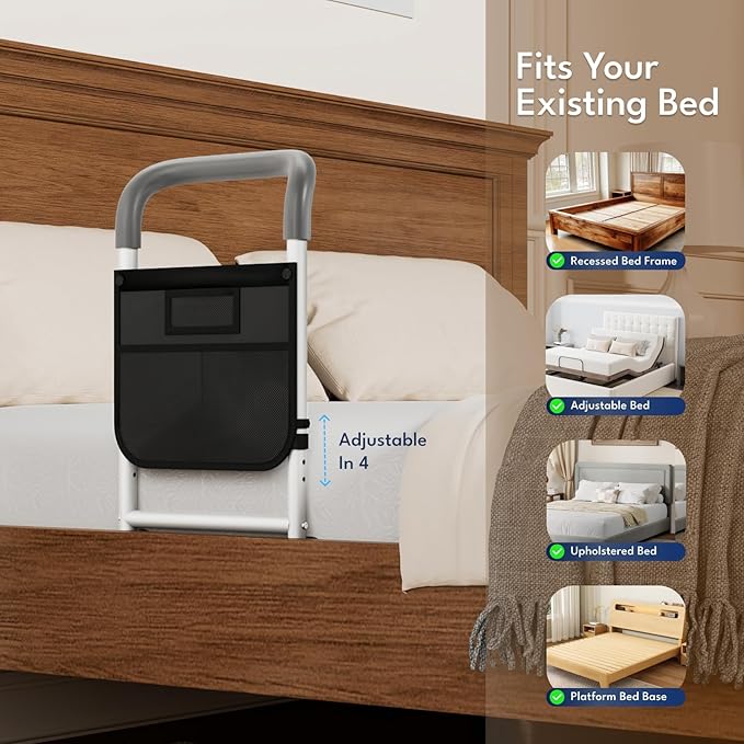 HOMEAL Bed Rails for Elderly Adults Safety - Adjustable Bedside Assist Rails for Seniors, Portable Bed Cane with Non-Slip Handle, Motion Light & Fixing Strap, Fit Standard & Adjustable Bed(Grey)