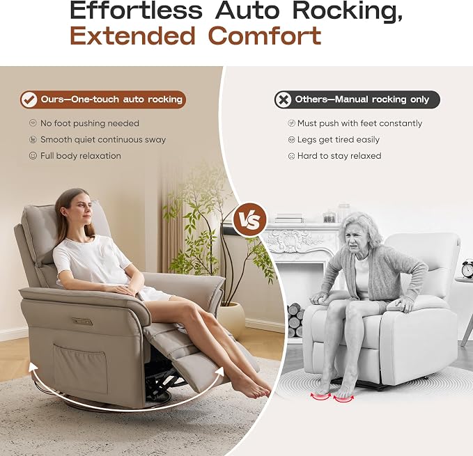 Power Nursery Recliner with Auto Rocking,Oversized Swivel Rocker Recliner with Massage and Heat,Glider Recliner Nursery Chair with Adjustable Headrest for Living Room and Bedroom,Faux Leather，Grey