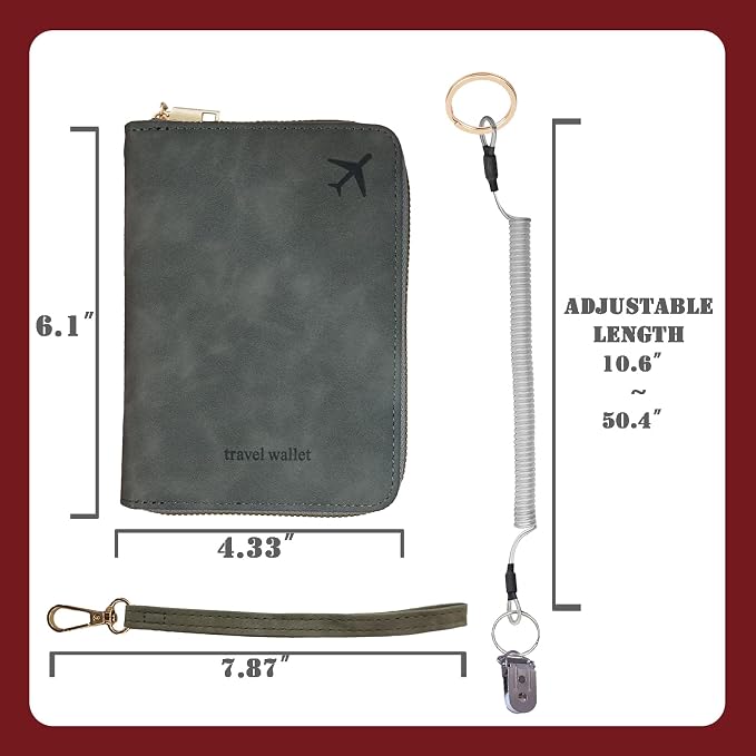Passport Holder with Tether and Clip to Prevent Loss and Theft, Rfid Passport Holder for Travel, Passport Cover Wallet, Passport Case for Men and Women (Gray - Tether and Clip)