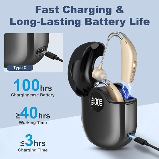 Hearing Aids, Hearing Aids for Seniors, Rechargeable, Volume Control, Hearing Amplifiers with Charging Case, Intelligent Noise Reduction, Design for Seniors & Adults with Hearing Loss