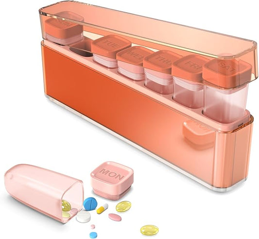 Weekly Pill Organizer 1 Time a Day, HIONXMGA Portable Detachable Travel Pill Box 7 Day, Large Once Daily Pill Holder Case, Color-Coded Dispenser for Vitamin Medicine Supplement Fish Oil, Orange Pink