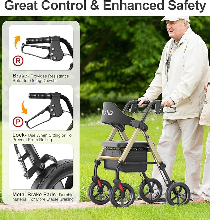 HOMLAND Walkers for Seniors with Seat, Foldable Rollator Walker, Reinforced Aluminum Frame, 8" Big Rubber Wheels for All Terrain, Height Adjustable Lightweight Rolling Walker