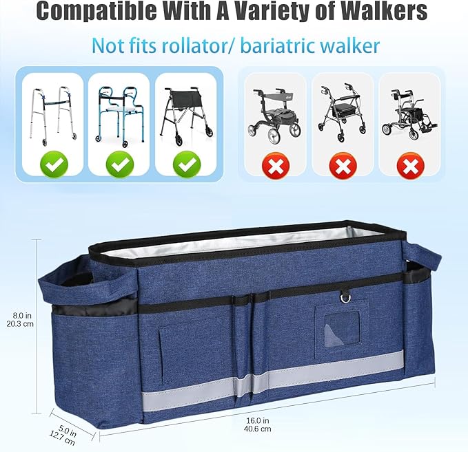 AMEDELE Walker Basket for Seniors With Cup Holder, Foldable Walker Bag with Large Capacity,Walker Accessories for Folding Walker-Not Fit for Rollator (Blue)
