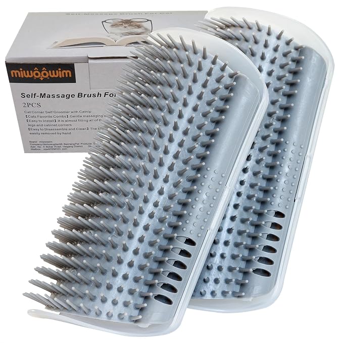 Miwoowim Extended (6.1") 2 Pack Self Grooming Cat Brush - Wall Corner Scratcher with Massage Combs for Long and Short Fur Cats, Kittens (Grey) | Soft bristles .Durable, Scratcher & Massage comb for long/short hair. Mounts on walls or furniture corners....