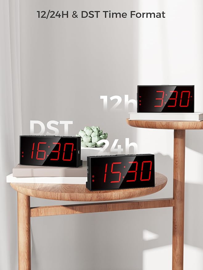 PPLEE Alarm Clock for Bedroom, Large Number Digital Clock with Dimmer for Living Room, Dual Alarms Easy to Read clock for Seniors, Electric Bedside Desk Clock with USB Charger, Digital Red LED Display