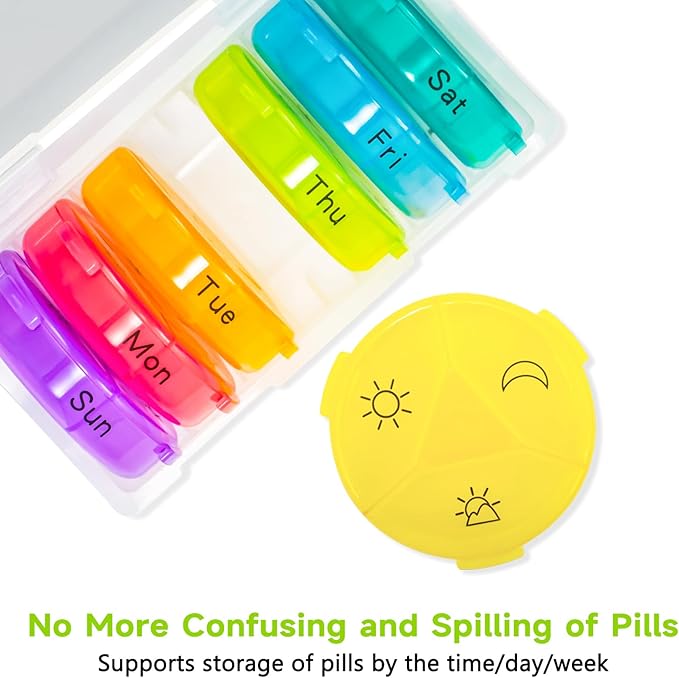 2 Pack Large Weekly Pill Organizer Medicine Container, Clear Round Daily Pill Organizer 7 Day 3 Times A Day with 21 Compartments, BPA Free Medication Storage to Hold Vitamin, Oils, Supplement