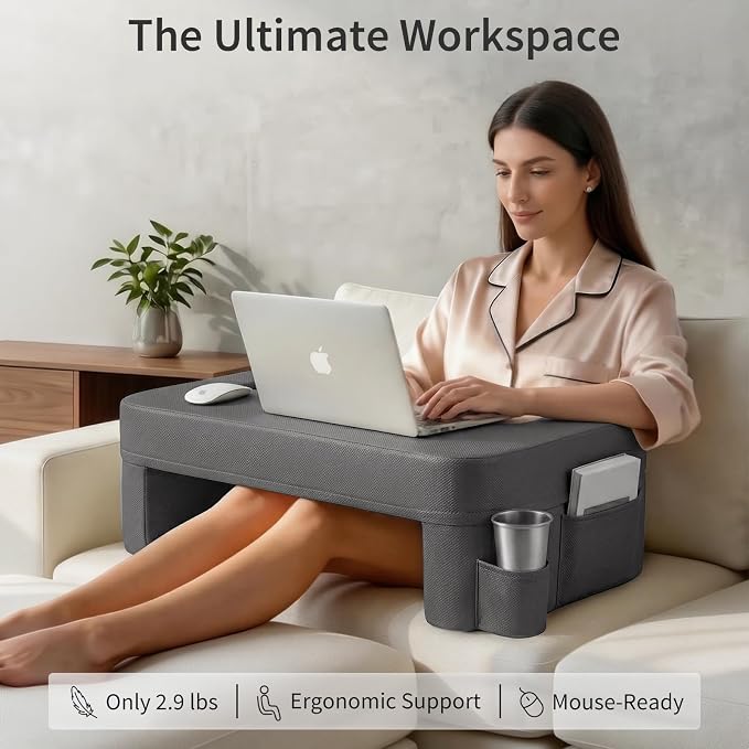 septsun 26" Extra Wide Lap Desk Pillow, Laptop Desk for Couch and Bed | Dark Gray Large Soft Foam Workstation with Ergonomic Armrest Elbow Relief; Mouse-ready Fabric, Cup Holder, Sofa Gaming