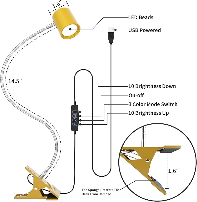 Dott Arts Desk Lamp,USB Clip On Light with 3 Color Modes,LED Reading Lamp | 360° Gooseneck Book Light,Eye-Care Reading Light for Home Office,10 Brightness Headboards Gold