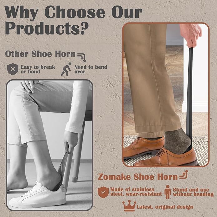 ZOMAKE Long Shoe Horn for Seniors Men,Metal Shoehorn Long handle for Boots, 22.8'' Shoe Spoon Helper