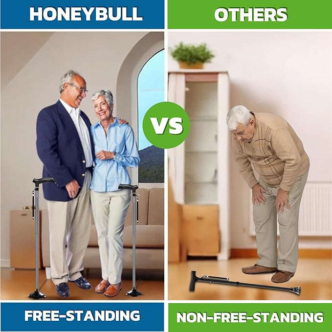 HONEYBULL Walking Cane for Men & Women Foldable, Adjustable, Heavy Duty, Free Standing, All Terrain, Collapsible Walking Sticks for Seniors & Adults (Gray)