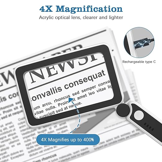 MoKo Magnifying Glass with Light, 4X Full-Page Folding Magnifier | Rechargeable magnifying glass for reading has 10 LEDs, 3 light levels and a 4.3 x 2.5 inch acrylic lens.
