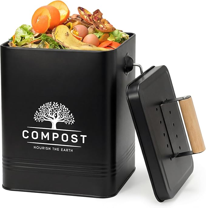 PERFNIQUE Kitchen Compost Bin, 1.7 Gallon Countertop Compost Bin with Lid, Indoor Compost Bin Includes 2 Carbon Filters, Small Compost Bucket, Food Waste Bin for Kitchen with Trash Bags (Matte Black)