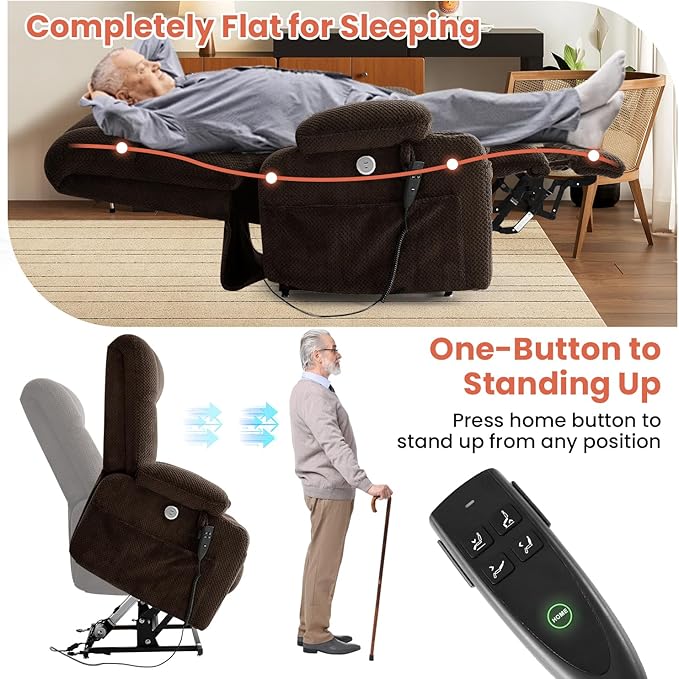 Dual Motor Power Lift Recliner Chair for Elderly, Infinite Position Lift Chair for Elderly W/Massage & Heat, Lay Flat Lift Recliner With Cup Holders, One-Touch Reset, Lumbar Pillow, Fabric (Brown)