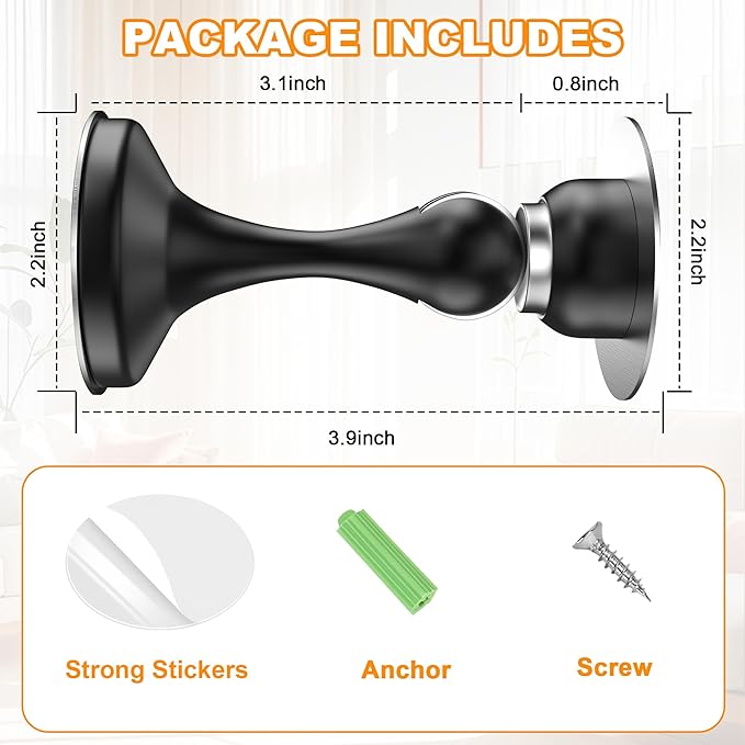 Crosize Magnetic Door Stoppers 4 Pack, Stainless Steel Door Stops for Wall and Floor Mounting, Door Holder Keep Door Open, No Drilling Door Stop with 3D Adhesive Tapes, Black