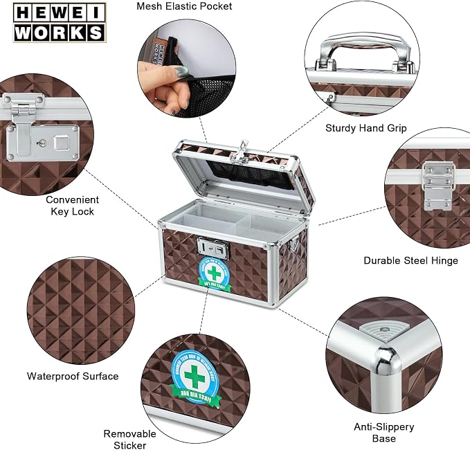 Storage Box with Key Lock, Lockable Medicine Storage Box, Empty First Aid Box, Security Lock Box, Multipurpose Locking Box for Home and Outdoor Use (Coffee, Small)