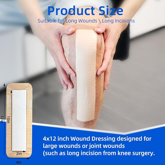 Niceful Ultra Soft Silicone Foam Dressing 4" x 12" - Large Bandages for Wounds, Highly Absorbent Waterproof Bandages for Bed Sores, Leg Ulcers, Knee Surgery 3 Count