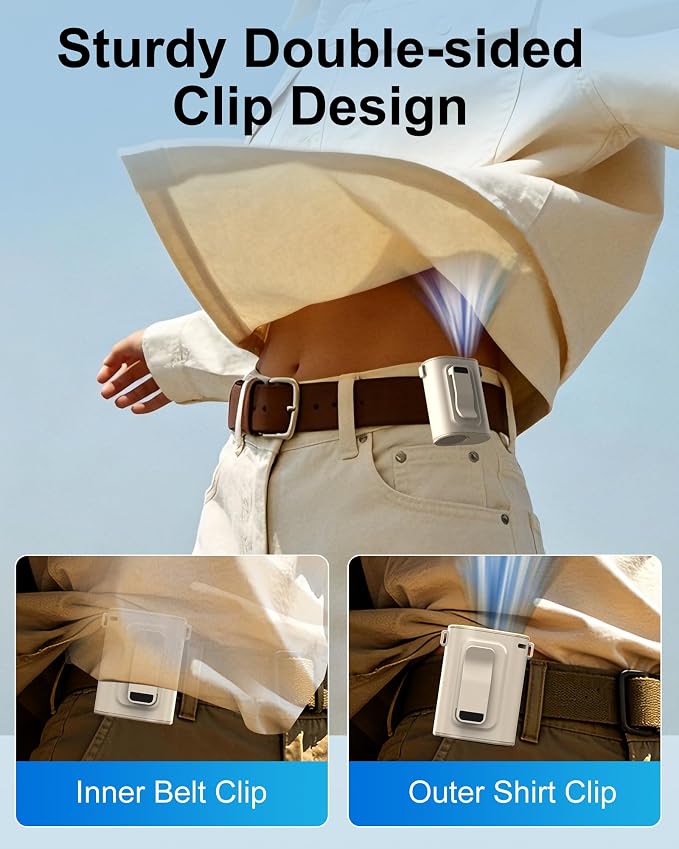 Portable Waist Fan, Ultra Lightweight Wearable Clip On Fan for Shirt, Mini Personal Neck Fan for Travel, Hands Free Belt Fan with Strong Airflow, Rechargeable Small Body Fan for Women & Men