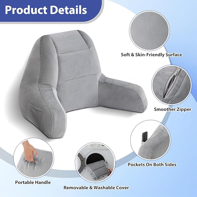 Reading Pillows for Sitting in Bed Adult, Back Pillow for Bed Sitting Up, Backrest Pillows with Shredded Foam for Adult&Teens, Support Pillow with Arms for Beds, Couch, Floor, 20in, Grey