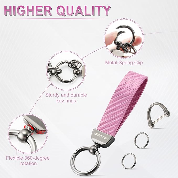 JUSTTOP Leather Keychain, Carbon Fiber Car Key Chain with Anti-Lost D-Ring and 2 Key Ring, Keychain Wristlet, Car Accessories, Universal Keychain for Men and Women (Pink)