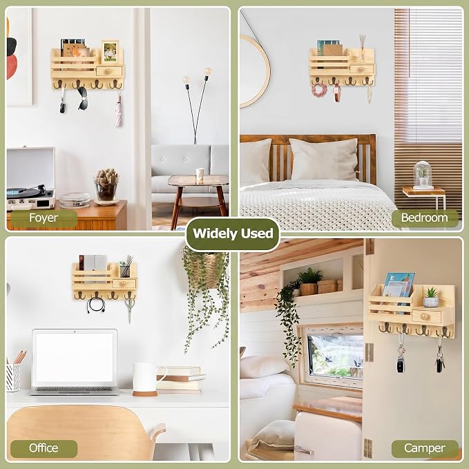 Key Holder Wall Mount, Wooden Key and Mail Organizer, Natural | 2 Mount Options, Includes 8 Hooks, Fence Mail Slot, Small Drawer and Shelf, for Entryway, Hallway, Doorway, Living Room, RV