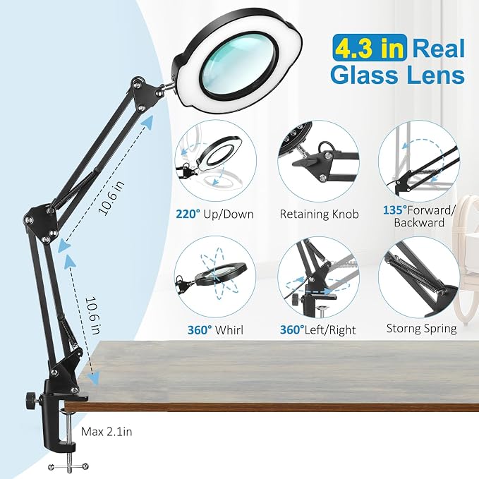 12X Magnifying Glass with Light and Stand, Upgrade Real Glass Magnifying lamp, 5 Color Modes Stepless Dimmable, 84LEDs Desk Lamp, Hands Free for Close Work,Soldering, Reading Crafts, Painting, Sewing