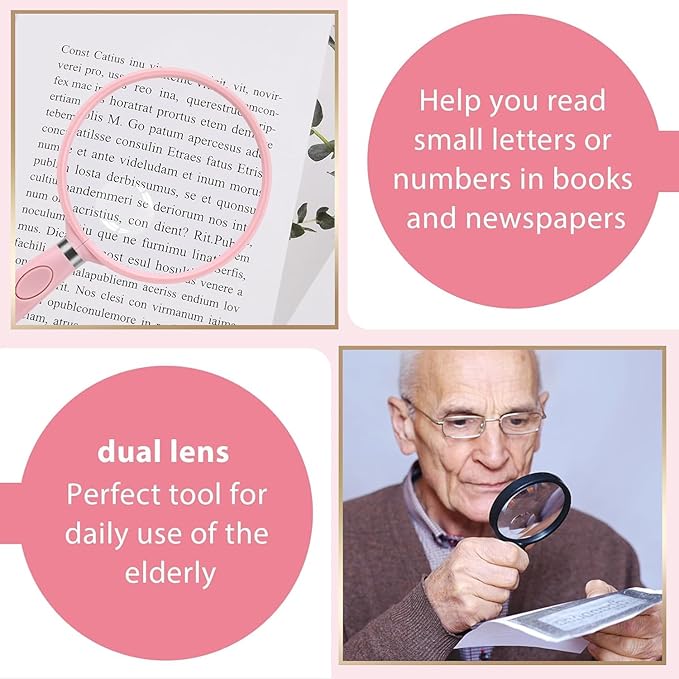 Feosky Handheld Reading Magnifier, 10X Magnifier, 90mm Shatterproof Lens, Non-Slip Handle for Adults Close Work, Seniors Reading and Nature Exploration, Hobby Observation(Pink)