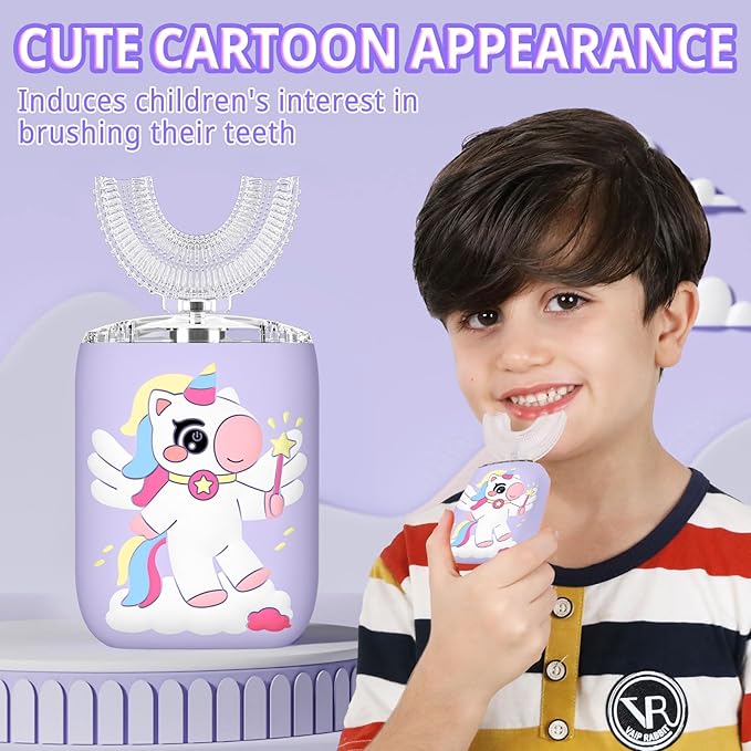 Kids Electric U Shaped Toothbrush, Kids Unicorn Sonic Automatic Toothbrush with 4 Soft Brush Heads with Toothpaste- (Age 8-15, Purple)