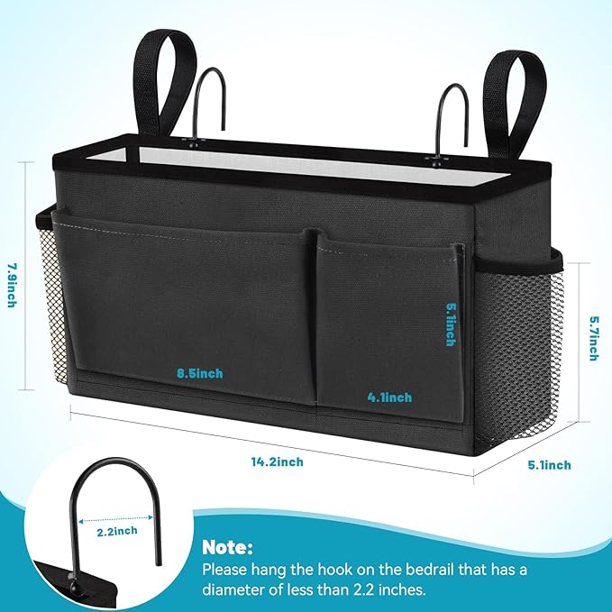 BlissTotes Bedside Caddy, Dorm Storage with Pockets, Bunk Bed Accessories | Hanging Bed Storage Organizer with Hooks, Bedside Shelf Bag, Magazine Holder for Home, College, Hospital (Dark Grey, 1 Pack)