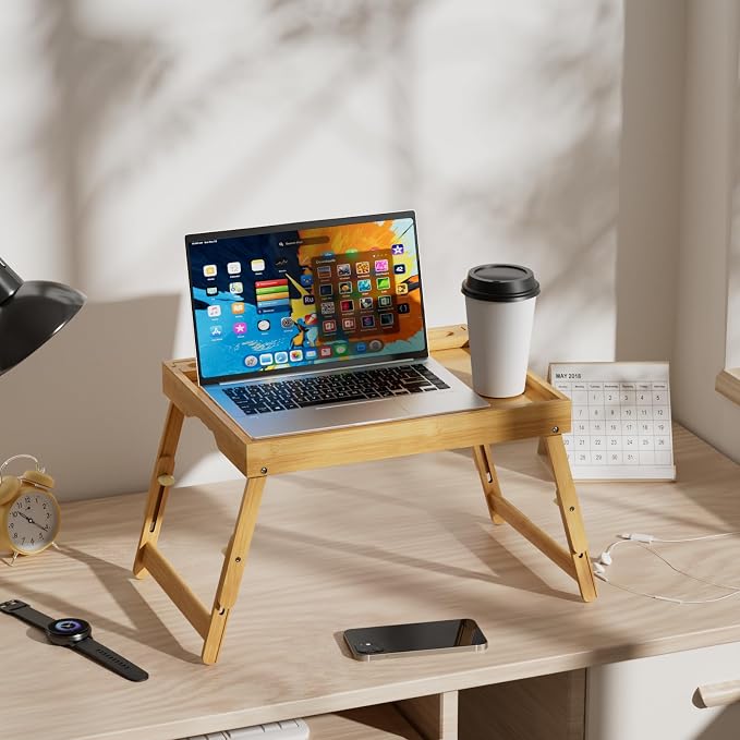 Artmeer Adjustable Bamboo Bed Tray Table with Device Slot, Large, Bamboo | Adjustable FSC-certified bamboo bed tray with device slot, folding legs and handles for meals, laptops and reading in bed.