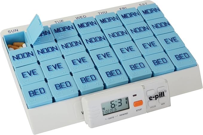 e-Pill 4 Times a Day x 7 Day Large Weekly Pill Organizer, Vitamin and Medicine Pillbox - with Reminder