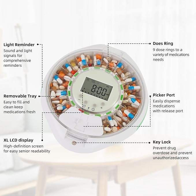 JULOS WiFi Automatic Pill Dipenser with Remote Care Monitoring for Seniors | Up to 9 Doses Per Day with Sound & Light Reminder, Top Lock Key, Ergonomic Lid Design for Elderly & Dementia Care