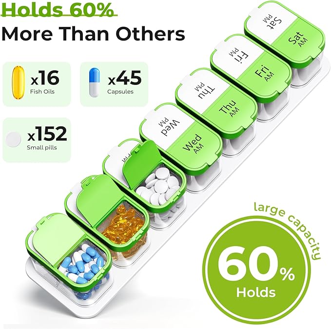 Odaro Extra Large Weekly Pill Organizer 2 Times A Day, Pill Box 7 Day Am Pm to Hold Daily Medicine Vitamin and Supplements - Green