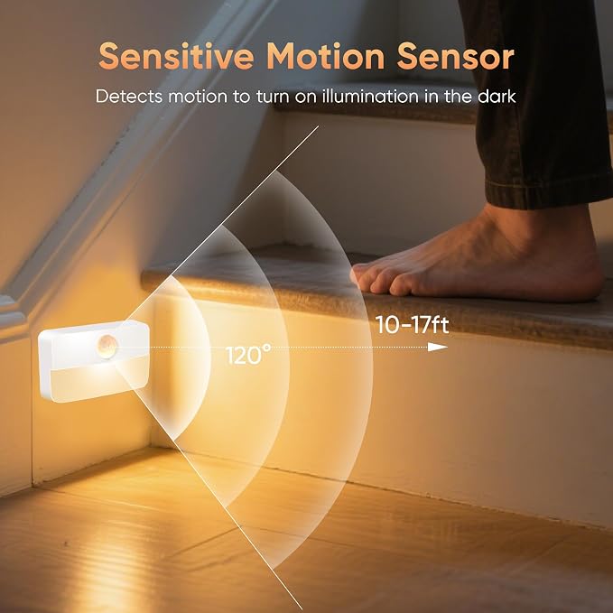 Motion Sensor Night Lights Indoor: Battery Operated Stair Lights 6 Pack | Battery Sensor Lights LED 35 Lumen 3000k for Step Hallways Closets Wall Bedroom Cabinets - Indoor Night Light Set