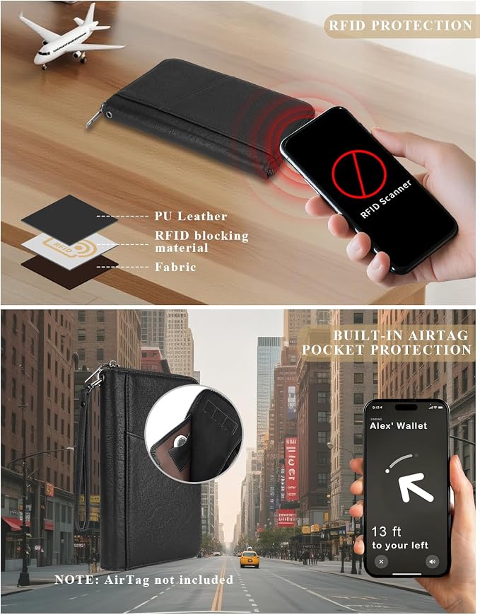 Family Passport Holder Wallet RFID Travel Document Organizer for Women Men, Portable Case Cover for Cards, Boarding Pass with Wrist & Neck Double Strap, Travel Gifts (Textured Black, 1pack)