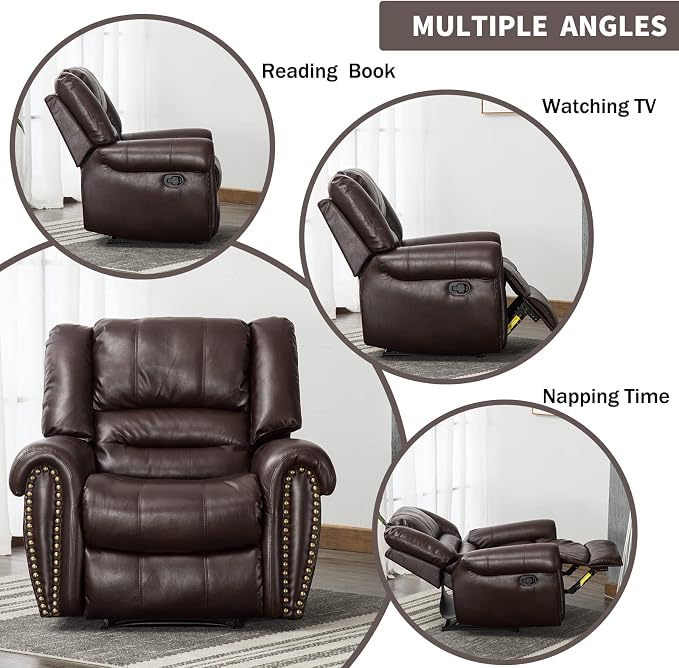 Leather Recliner Chair, Classic and Traditional Manual Recliner Chair with Comfortable Arms and Back Single Sofa for Living Room, Brown