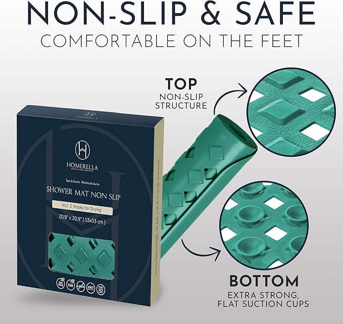 homerella® Shower Mat Non Slip Anti Mold, Non Slip Shower Mats for Inside Shower Stall Anti Slip Mat, Square Shower Floor Mat 21 x 21 in with Suction Cups & Hooks for Quick Drying, Machine Washable