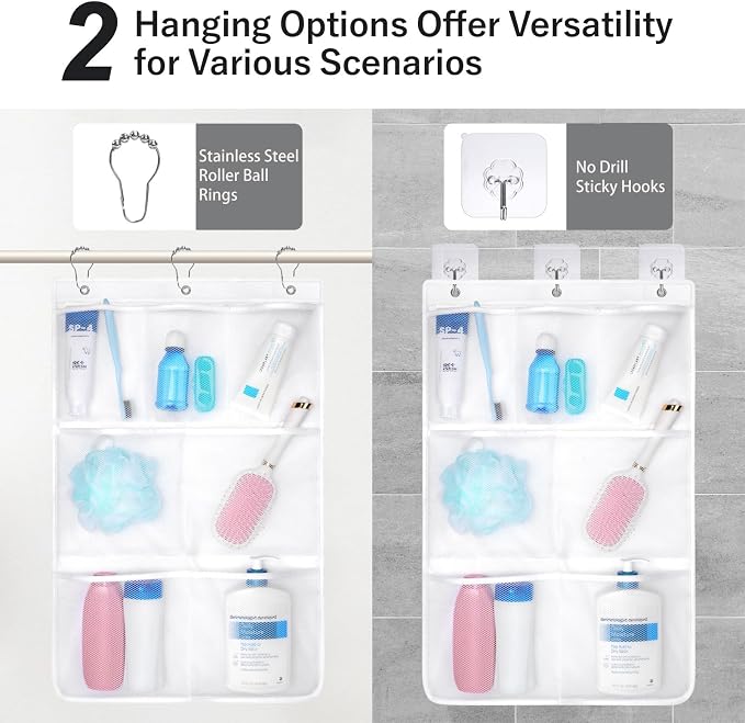 F-color 7-Pocket Mesh Shower Caddy - Hanging Shower Organizer for Cruise | Quick-Dry & See-Through Mesh for Toiletries, Fits Shower Rod Rings or Sticky Hooks for Bathroom & RV, Cruise Essentials 2026