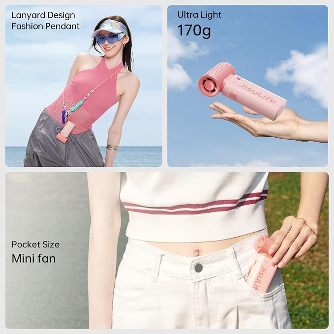 JISULIFE Portable Handheld Fan Life9, Turbo Airflow, Up to 18H Runtime | 5 Speeds, 5000mAh, Mini Pocket Design, Personal Fan for Travel, Concerts, Makeup, Trendy Gifts for Women Men -Pink