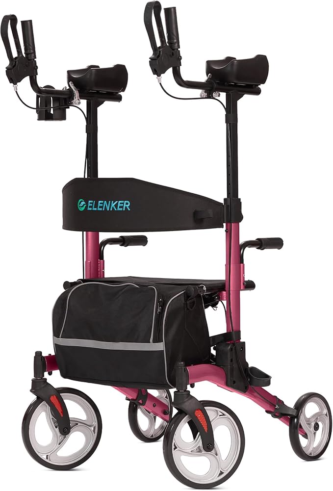 ELENKER Upright Rollator Walker, Stand Up Rolling Walker, Mobility Walking Aid with 10” Front Wheels, Seat and Armrest for Seniors and Adults, Red