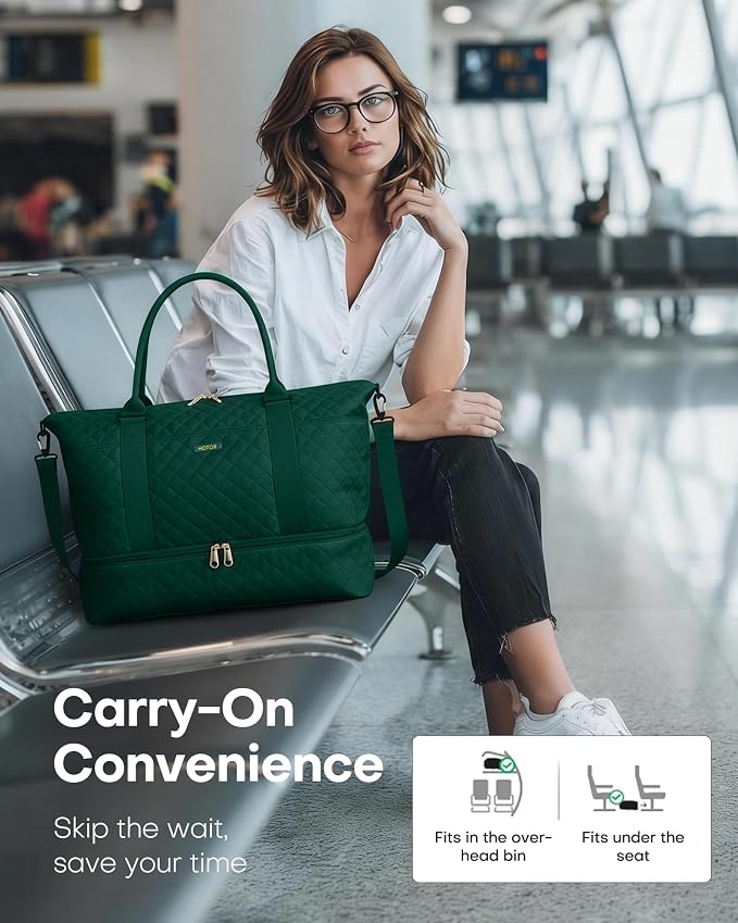 HOTOR Travel Duffel Bag - Weekender Bags for Women, Gym Tote Bags with Shoe Compartment, Carry On Overnight Bag with Toiletry Bag for Travel Essentials Travel Accessories, Dark Green, 13.4"×17.3"×7.9"
